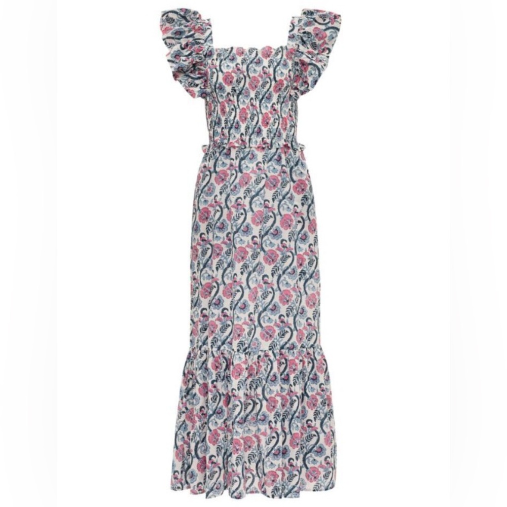 ANNA CATE Giselle Floral Block Print Ruffle Smocked Maxi Dress Blue/Pink Small - Picture 3 of 13